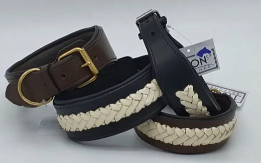 Lederhalsband NONU Schwarz Braun mit breiter Zierkordel Creme - unterlegt Halsband LEDER Breit sehr stabil M L XL