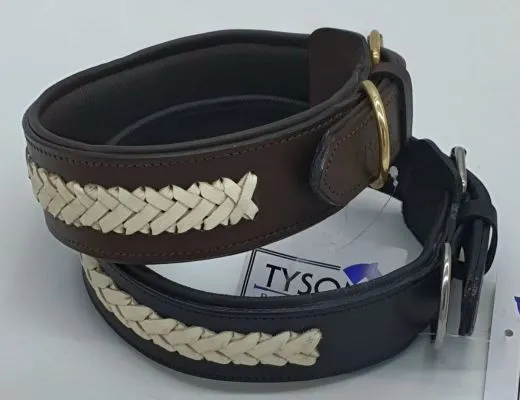 Lederhalsband NONU Schwarz Braun mit breiter Zierkordel Creme - unterlegt Halsband LEDER Breit sehr stabil M L XL
