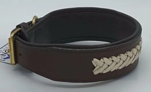 Lederhalsband NONU Schwarz Braun mit breiter Zierkordel Creme - unterlegt Halsband LEDER Breit sehr stabil M L XL
