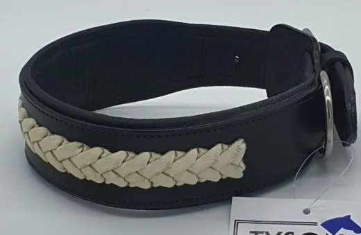 Lederhalsband NONU Schwarz Braun mit breiter Zierkordel Creme - unterlegt Halsband LEDER Breit sehr stabil M L XL