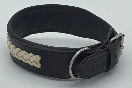 Lederhalsband NONU Schwarz Braun mit breiter Zierkordel Creme - unterlegt Halsband LEDER Breit sehr stabil M L XL