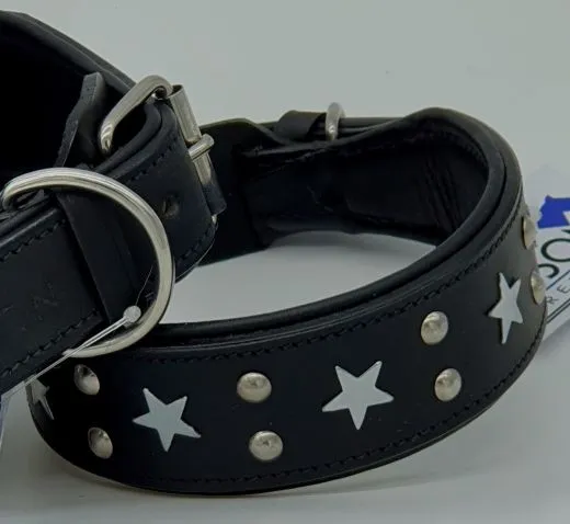 Lederhalsband Daysi Schwarz Sterne Leder - unterlegt Halsband LEDER Breit sehr stabil M L XL Hohe Zugkraft