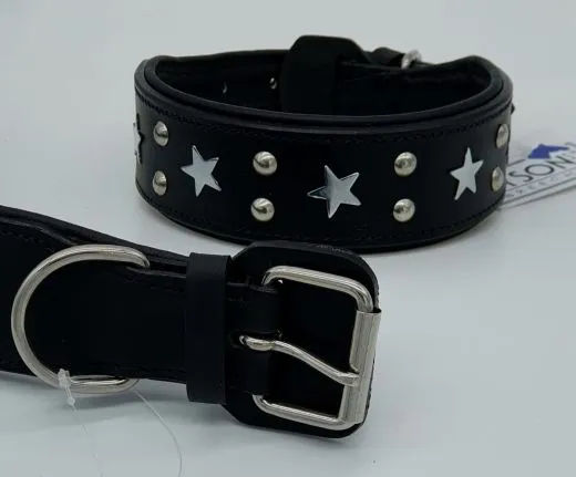 Lederhalsband Daysi Schwarz Sterne Leder - unterlegt Halsband LEDER Breit sehr stabil M L XL Hohe Zugkraft