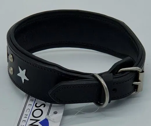 Lederhalsband Daysi Schwarz Sterne Leder - unterlegt Halsband LEDER Breit sehr stabil M L XL Hohe Zugkraft