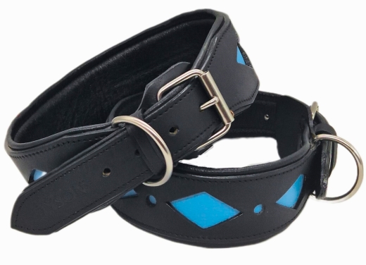 Lederhalsband SALMI  Hellblau / Trkis Schwarz  Leder -unterlegt Halsband LEDER Breit sehr stabil M L XL Hohe Zugkraft