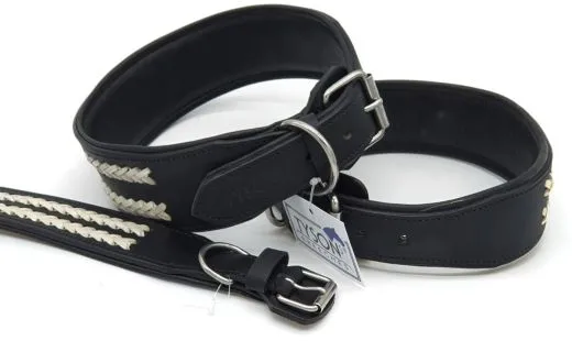 Ruffle Lederhalsband Leder Schwarz Breit Hohe Zugkraft doppelte Zierkordel Wei� / Creme LEDER Breit sehr stabil M L XL