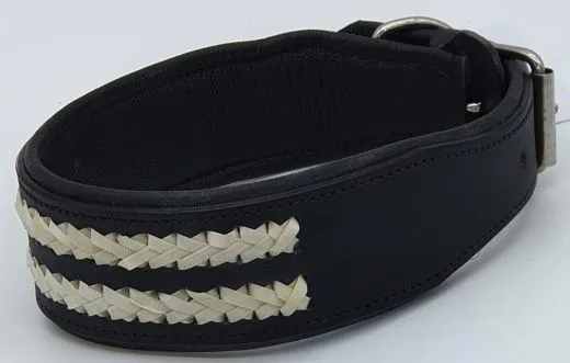Ruffle Lederhalsband Leder Schwarz Breit Hohe Zugkraft doppelte Zierkordel Wei� / Creme LEDER Breit sehr stabil M L XL