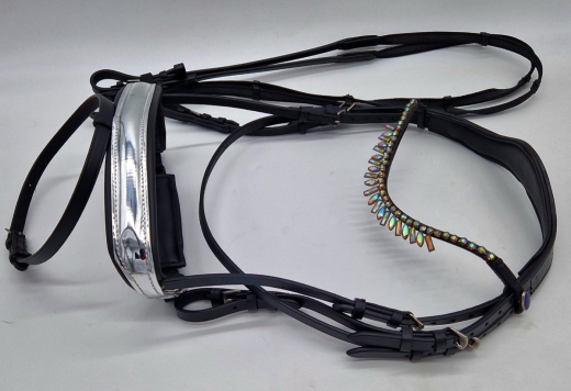 Leder Trense Tosca Show Trense + Zügel Schwarz Silber Zapfen ~ Tropfen Diadem Stirnband VB WB X Full Genick ergonomisch
