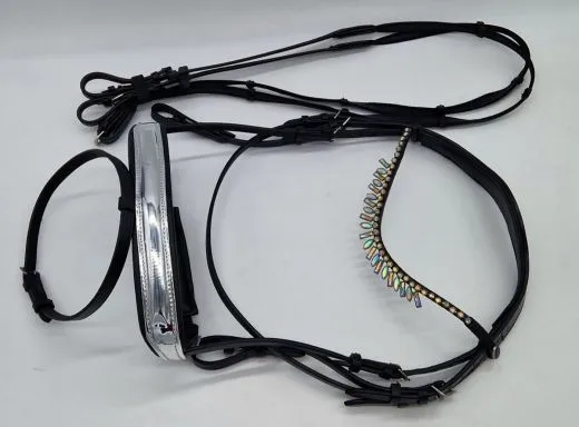 Leder Trense Tosca Show Trense + Z�gel Schwarz Silber Zapfen ~ Tropfen Diadem Stirnband VB WB X Full Genick ergonomisch