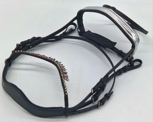 Leder Trense Tosca Show Trense + Z�gel Schwarz Silber Zapfen ~ Tropfen Diadem Stirnband VB WB X Full Genick ergonomisch