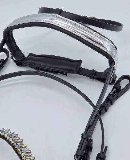 Leder Trense Tosca Show Trense + Z�gel Schwarz Silber Zapfen ~ Tropfen Diadem Stirnband VB WB X Full Genick ergonomisch