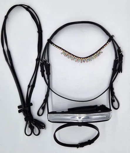 Leder Trense Tosca Show Trense + Z�gel Schwarz Silber Zapfen ~ Tropfen Diadem Stirnband VB WB X Full Genick ergonomisch