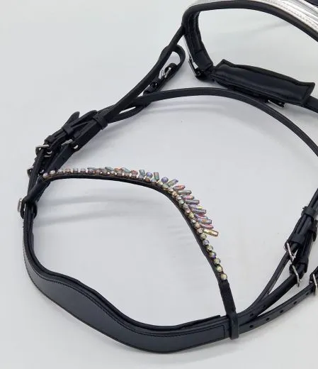 Leder Trense Tosca Show Trense + Z�gel Schwarz Silber Zapfen ~ Tropfen Diadem Stirnband VB WB X Full Genick ergonomisch