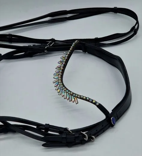 Leder Trense Tosca Show Trense + Z�gel Schwarz Silber Zapfen ~ Tropfen Diadem Stirnband VB WB X Full Genick ergonomisch