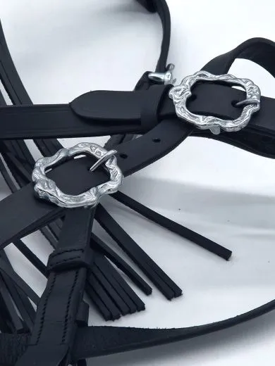 Barock Spanische Vaquero Zaum Trense Leder Cortezia Schnallen VB WB Ex Full V - Lederfransen - Frontalera Schwarz incl. Lederz�gel