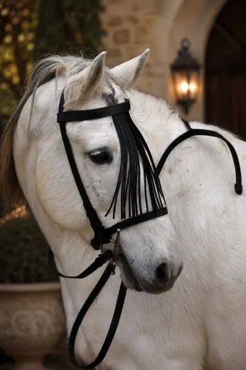 Paolo Barock Spanische Vaquero Zaum Trense Leder VB WB Ex Full Lederfransen - Frontalera Schwarz incl. Lederz�gel