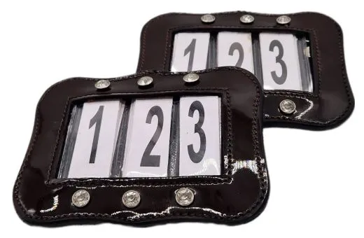 SET Kopfnummern WELLE Turnier Nummern Strass Glitzer Glatt + Lack Leder Braun Schwarz 1 Paar = 2 St�ck