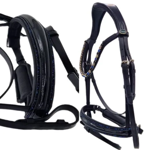Leder Trense BLUE Lack Glitzer Blau Glitzer auch auf d. Nasenriemen VB WB X Full Zaum Ledertrense