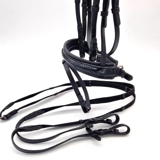 Leder Trense Schwarz DANDY Lack Glitzer VB WB X Full XXF Kaltblut Zaum Ledertrense Schwedisch + Z�gel Ledertrense ergonomisch Fischgr�t Muster