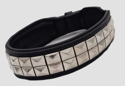 Lederhalsband TITAN Breit Pyramiden Nieten Leder X L XL Leder Halsband Nietenhalsband Schwarz Silberfarben Hohe Zugkraft