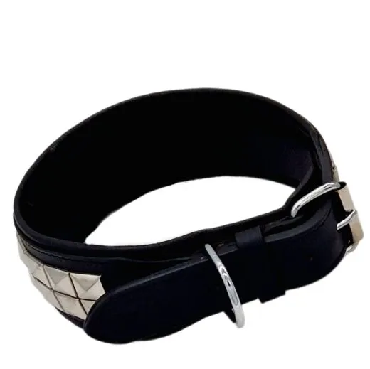 Lederhalsband TITAN Breit Pyramiden Nieten Leder X L XL Leder Halsband Nietenhalsband Schwarz Silberfarben Hohe Zugkraft