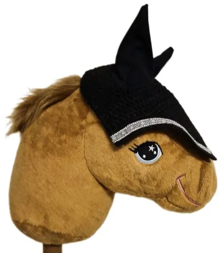 Hobby Horse Fliegenm�tze Fliegenhaube Ohrenhaube Glitzer Schwarz Steckenpferd Haube Pl�schpferd