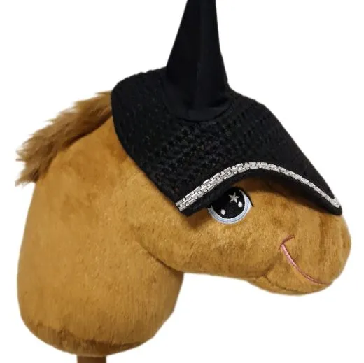 Hobby Horse Fliegenm�tze Fliegenhaube Ohrenhaube Glitzer Schwarz Steckenpferd Haube Pl�schpferd