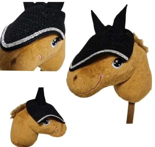 Hobby Horse Fliegenm�tze Fliegenhaube Ohrenhaube Glitzer Schwarz Steckenpferd Haube Pl�schpferd