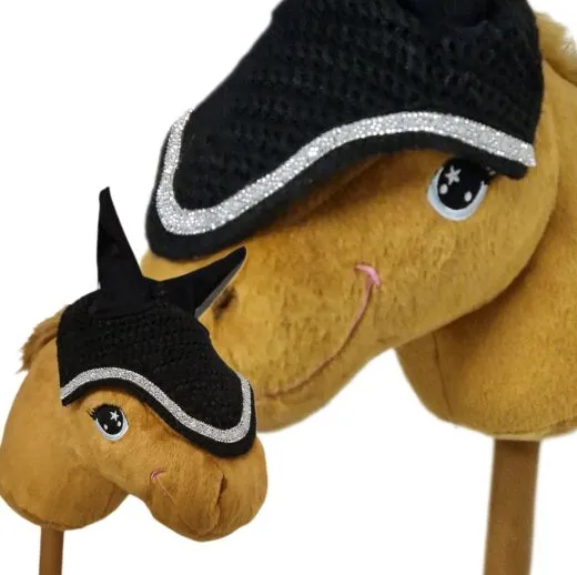 Hobby Horse Fliegenm�tze Fliegenhaube Ohrenhaube Glitzer Schwarz Steckenpferd Haube Pl�schpferd