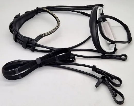 Deluxe 2 Ledertrense RUND gen�ht Schwarz Wei� unterlegt Glitzer Stirnband incl. Z�gel VB WB XFULL XXFULL -Kaltblut Rundgen�ht