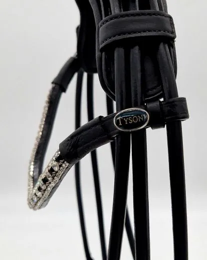 Deluxe 2 Ledertrense RUND gen�ht Schwarz Wei� unterlegt Glitzer Stirnband incl. Z�gel VB WB XFULL XXFULL -Kaltblut Rundgen�ht