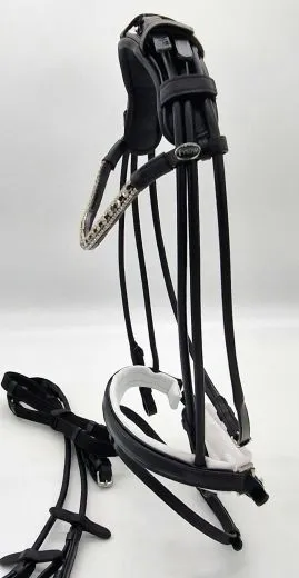 Deluxe 2 Ledertrense RUND gen�ht Schwarz Wei� unterlegt Glitzer Stirnband incl. Z�gel VB WB XFULL XXFULL -Kaltblut Rundgen�ht
