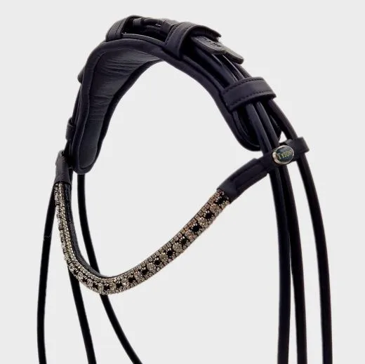 Deluxe 2 Ledertrense RUND gen�ht Schwarz Wei� unterlegt Glitzer Stirnband incl. Z�gel VB WB XFULL XXFULL -Kaltblut Rundgen�ht