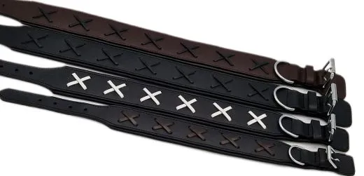 Hundehalsband Leder Zierstich Schwarz Braun Wei� M L XL BREIT Kreuz Halsband Leder Zierkreuz Lederhalsband Zierstick Schutzlasche Hals