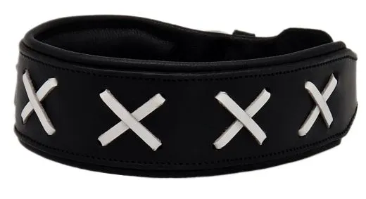 Hundehalsband Leder Zierstich Schwarz Braun Wei� M L XL BREIT Kreuz Halsband Leder Zierkreuz Lederhalsband Zierstick Schutzlasche Hals