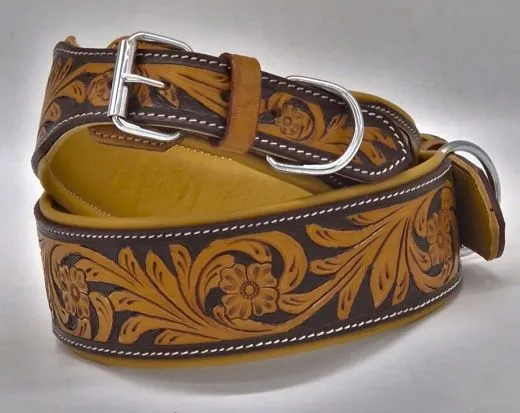 Lederhalsband ZOLA Breit Leder M L XL Leder Halsband Braun / Senf pun�zie�rt Halsband Hundehalsband