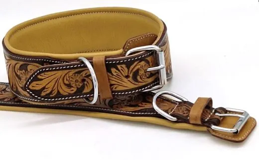 Lederhalsband ZOLA Breit Leder M L XL Leder Halsband Braun / Senf pun�zie�rt Halsband Hundehalsband