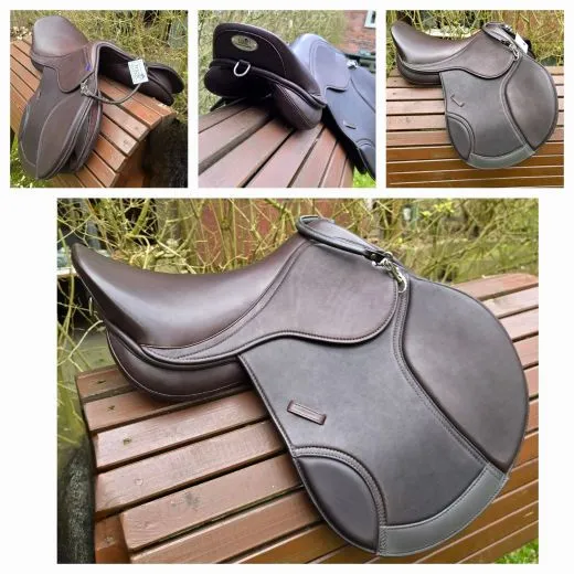 Leder Sattel JUMP DOUP Springsattel Springen + Kopfeisen Kindersattel Jugendsattel Ponysattel Braun 14 /15 Zoll doubliertes Leder