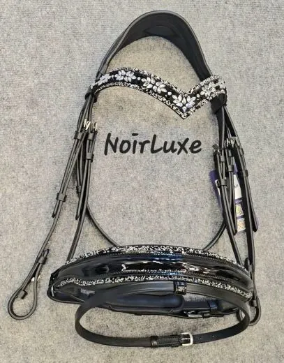 Trense NoirLuxe Schwedisch V Stirnriemen Lack / Leder Glitzer incl. Z�gel VB WB X Full XX Full