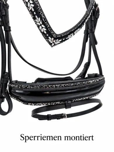 Trense NoirLuxe Schwedisch V Stirnriemen Lack / Leder Glitzer incl. Z�gel- Sperrriemen abnehmbar VB WB X Full XX Full