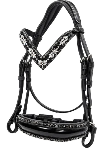 Trense NoirLuxe Schwedisch V Stirnriemen Lack / Leder Glitzer incl. Z�gel- Sperrriemen abnehmbar VB WB X Full XX Full