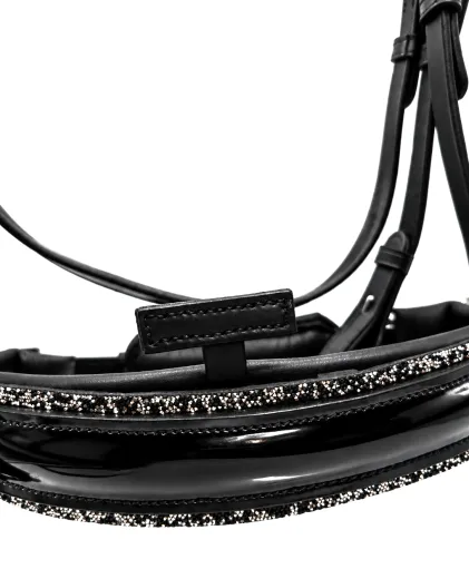 Trense NoirLuxe Schwedisch V Stirnriemen Lack / Leder Glitzer incl. Z�gel- Sperrriemen abnehmbar VB WB X Full XX Full