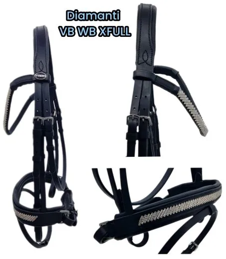 Leder Trense Diamanti Strass Stirn + Nasenriemen Schwarz Leder VB WB X-Full