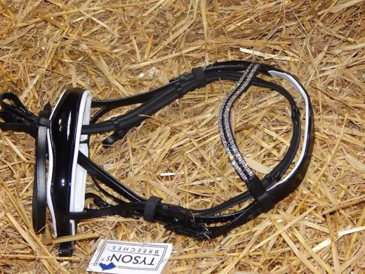 REST RAUS PREIS Trense Black n White Lack Strass Glitzer Schwarz Wei� nur VB Leder wei� unterlegt