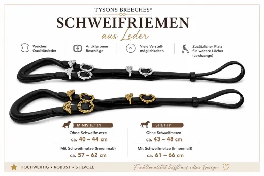 Schweifriemen Leder Minishetty Shetty Welsh Gold oder Silber -Farben Antikbeschl�ge Kurz Schwarz Schweif Riemen
