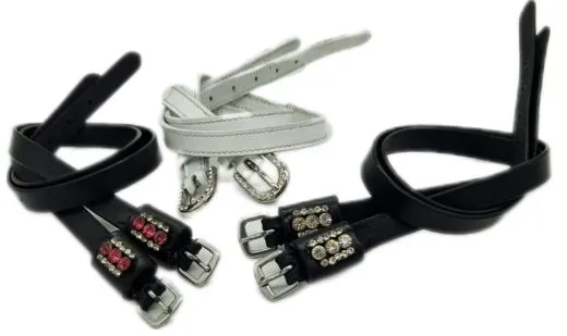 Sporenriemen Leder Glitzer Strass Weiss Rosa Blau Lederriemchen Sporenriemchen