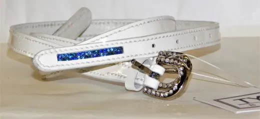 Sporenriemen Leder Glitzer Strass Weiss Rosa Blau Lederriemchen Sporenriemchen