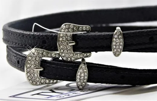 Sporenriemen Leder Glitzer Strass Weiss Rosa Blau Lederriemchen Sporenriemchen