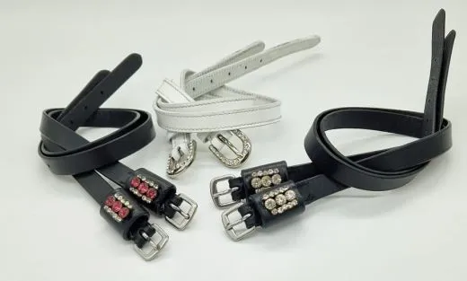 Sporenriemen Leder Glitzer Strass Weiss Rosa Blau Lederriemchen Sporenriemchen