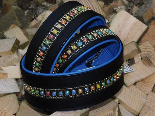 Lederhalsband Bunt Rainbow Leder Blau unterlegt M L XL BREIT ! Halsband Leder Hundehalsband